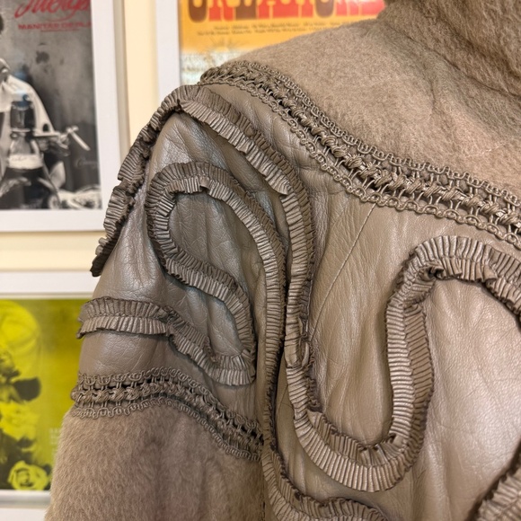 Vintage 80s Statement Taupe Wool & Leather Maxi Coat w/ Ornate Braided Trim - Picture 14 of 16